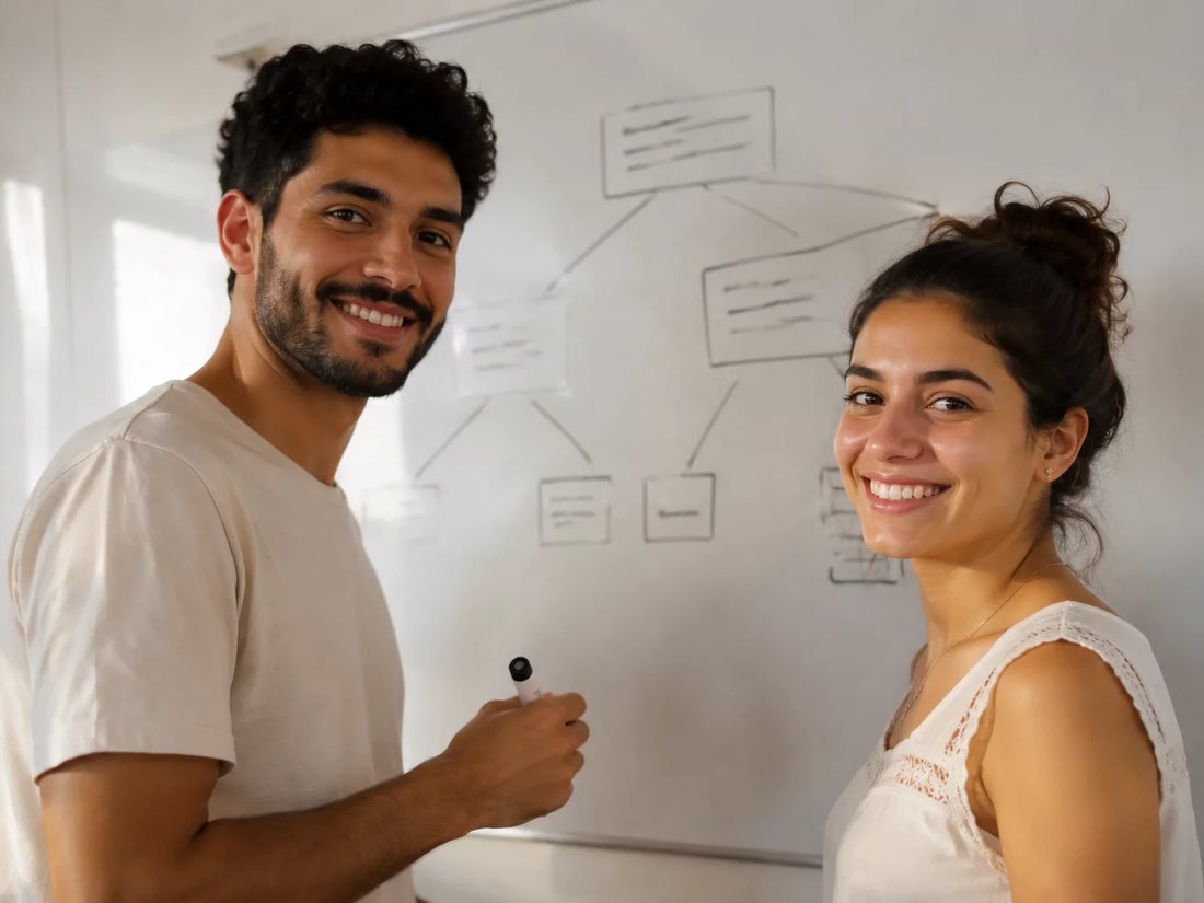 Dois alunos em pé diante do quadro branco, desenhando a ordem de um argumento